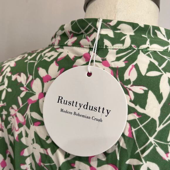 Rusttydustty Green Floral Boho Maxi Dress Size 4XL Long Sleeve Smocked Waist - Picture 8 of 11